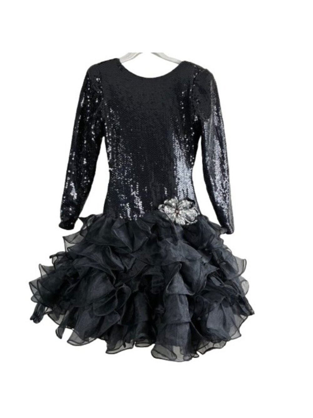 Vintage 80s After Five Julie Duroche Sequin Ruffle Mini Dress Size 4 Black Goth